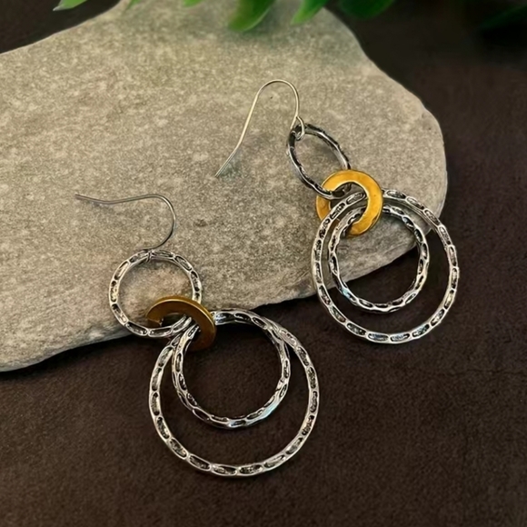 SILVER PLATED Retro Bohemian Style triple hoop drop earrings. - Picture 2 of 9